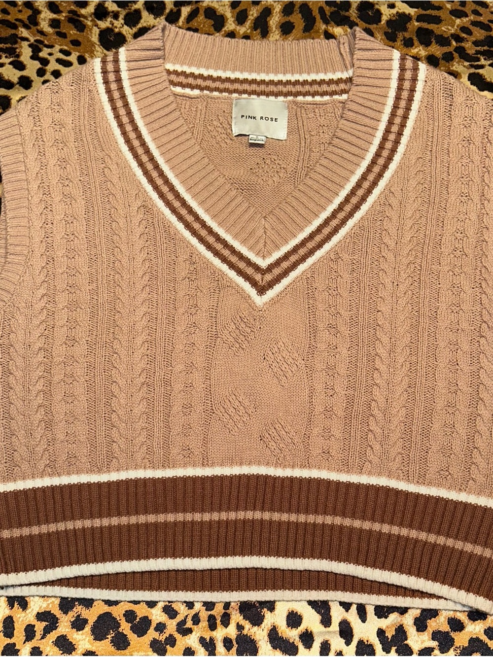 Pink Rose Tan Cable Knit Striped V-Neck Crop Sweater Vest